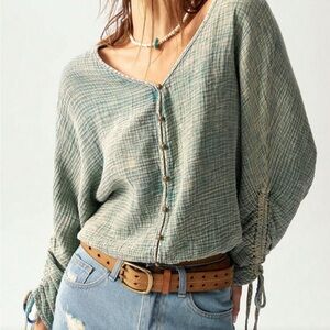 Bohemela Women’s Casual Solid Loose Woven Button Up Top Large